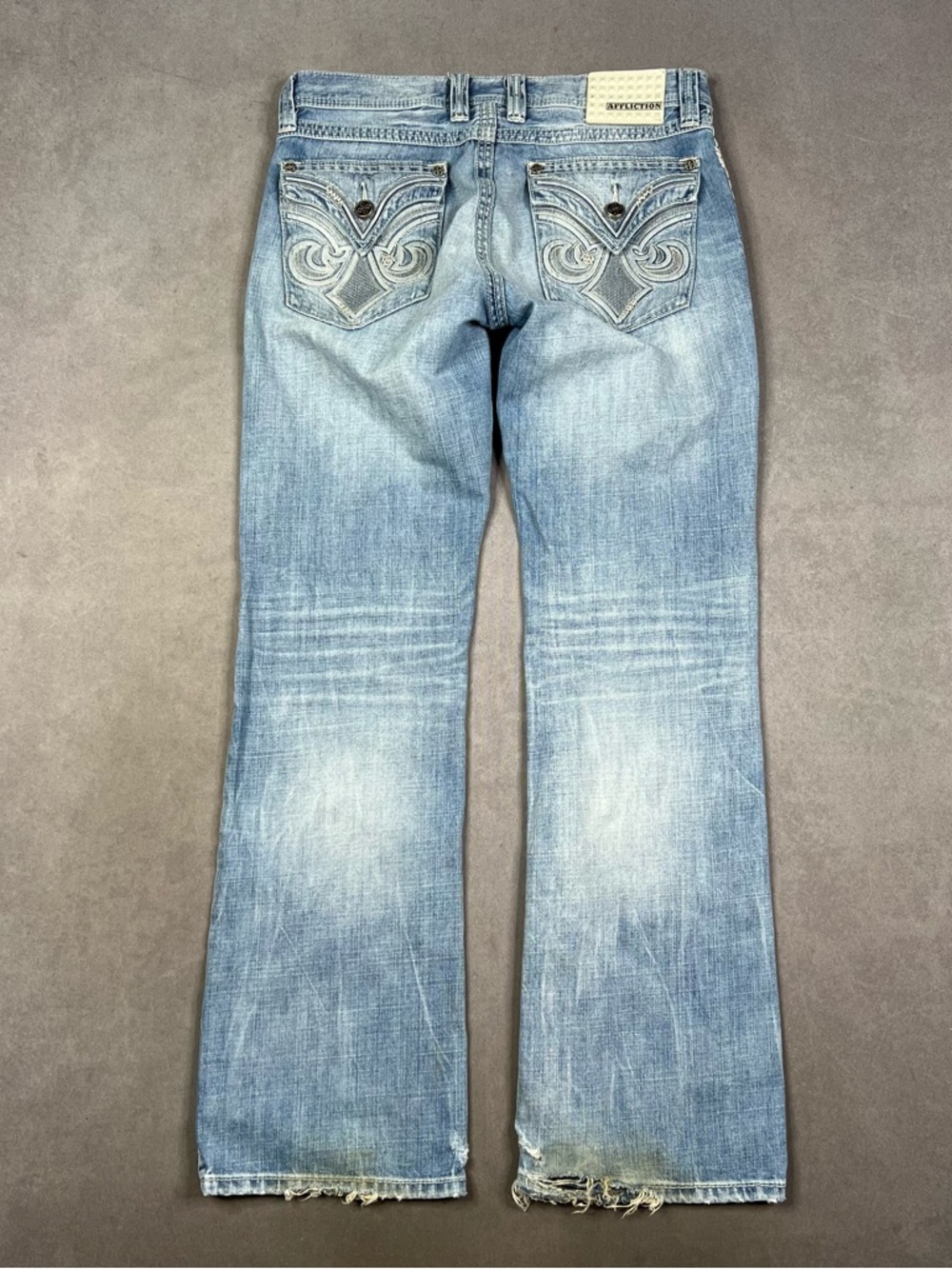 Affliction Light Blue Embroidered Back-Pocket Wide Leg Jeans